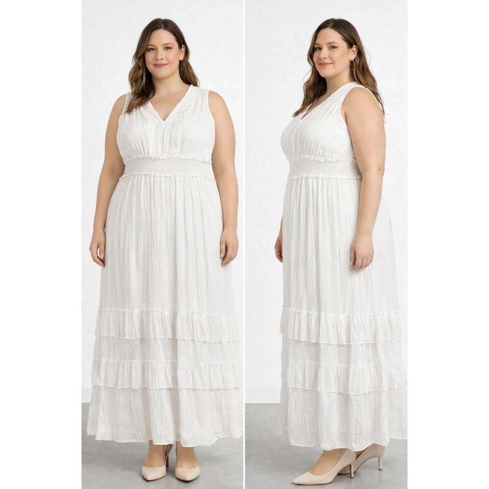Kings Road Women Dress 1X‎ White Tiered Maxi Boho Cottagecore Romantic